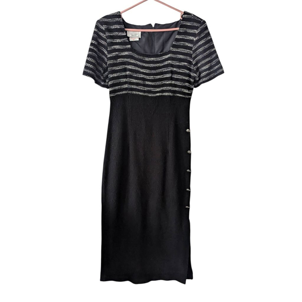 Vtg 90s Beechers Brook Striped Maxi Dress w Side Buttons - Black/White - Size 10